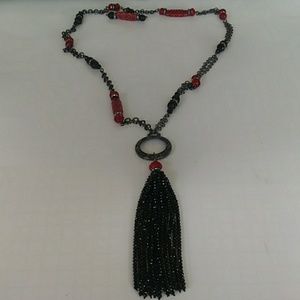 Red and Black Long Beaded Tassel Necklace
